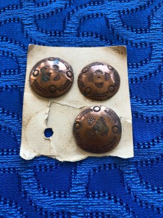 Vintage Aztec Copper Buttons 3 On Card 7/8”