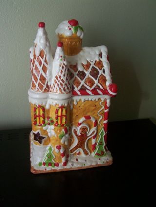 Ceramic Gingerbread House Cookie Jar Very Colorful Holiday Decor Collectible