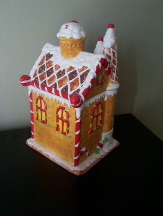 Ceramic Gingerbread House Cookie Jar Very Colorful Holiday Decor Collectible 2