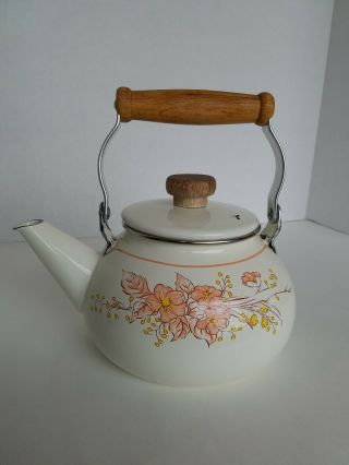 Vintage Enamel Teapot With Lid Wood Handles Floral Print Tea Kettle Enamelware