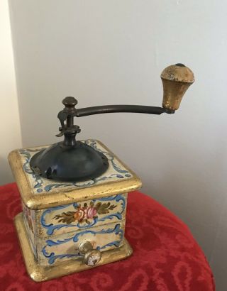 Vintage Coffee Grinder Smaller Size Wood Tole Painted - Decorative Piece