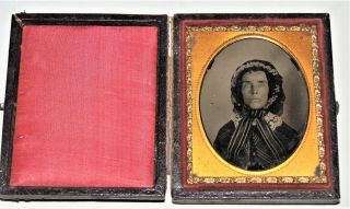 One Ninth Plate Daguerreotype Photo In Leather Case Of Fancy Woman