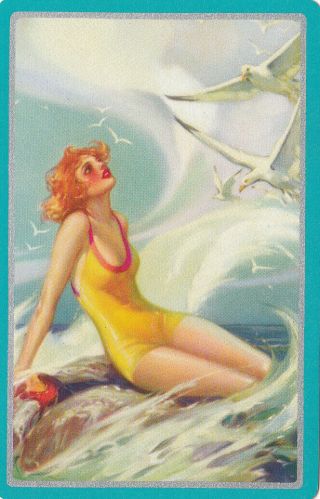 1 Vintage Swap Playing Card - Pretty Art Deco Lady Bathers Seagulls Ocean