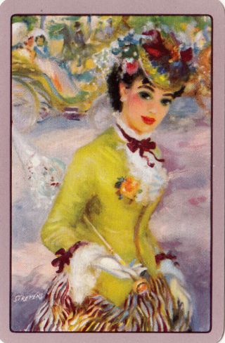 1 Vintage Swap Playing Card Pretty Parisienne Lady Parasol & Hat Paris In Summer