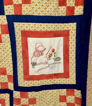 Vintage Sunbonnet Sue Quilt Hand Pieced & Embroidered Quilt Calico Quilt 92x86 3