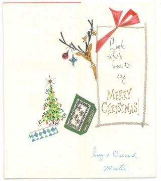 Vintage Christmas Greeting Card SANTA ANTIQUE CAR DEER PRESENTS 1950 ' S GC12 2