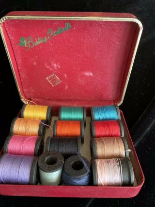 Vintage Belding Corticelli Thread Box W/ 13 Small Wooden Spools Thread