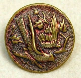 Antique Metal Button Chased Brass Pheasant In Plant Life C2