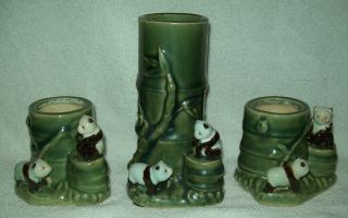 Set Of 3 Vintage Porcelain Vase Or Planter W/ Lucky Bamboo And Panda Figurines
