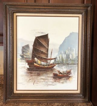 Large Vintage Signed Oil Painting Brown Ships On The Sea Ocean Nautical Boats