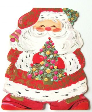 Vintage Christmas Card Santa Claus Pink Bell Tiny Tree Ornaments Gold Accents