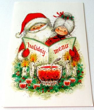 Vintage Christmas Card Santa Claus And Mrs.  Claus Holiday Menu Punch Candles