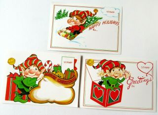 3 Vintage Christmas Post Cards Elves Sledding Jack In The Box W Present And Toys