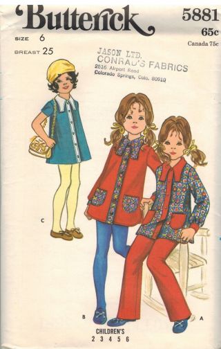 5881 Uncut Vintage Butterick Sewing Pattern Girls Semi Fit Mini Shirt Dress Pant