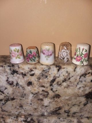 5 Misc.  Thimbles With Flowers