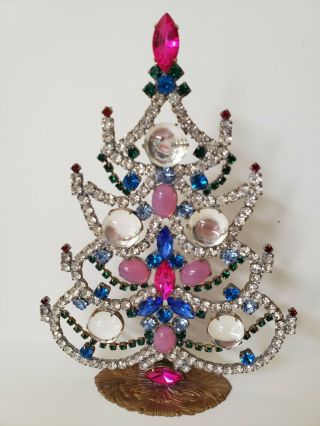 Vintage Czech Crystal Rhinestone 6 " Standing Christmas Tree Taboo Pink/blue