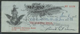 1928 Mo - Ko Coffee John F Bauer Co Elmira Ny Antique 2nd National Bank Check