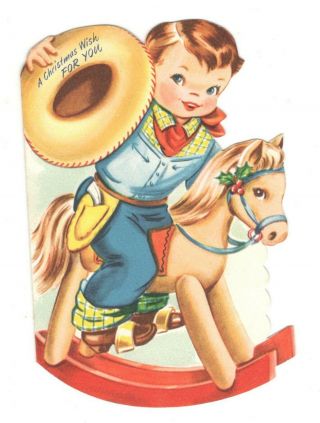Vintage Sunshine Christmas Greeting Card Boy Cowboy On Rocking Horse 1950 