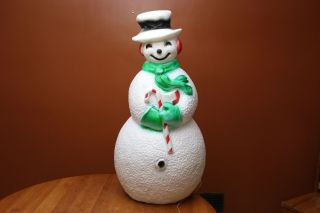 Vintage Union Lighted Blow Mold 40 " Snowman With Red Ear Muffs And Green Scarf