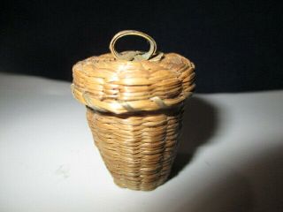 Antique Etui Thimble Case Wicker Woven Thatched Basket With Lid Adorable 1.  25 "