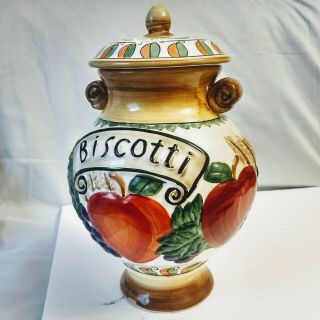 Nonni’s Biscotti Cookie Jar Handmade With Fruit Motif Canister & Lid 12 "