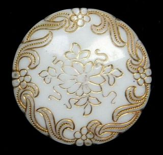 Antique Button Victorian Glass White W Gold Line 4 Way Metal Shank B7