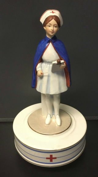 Vintage Nurse Music Box Figurine A Spoonful Of Sugar Red Cross 8.  5 " Figure