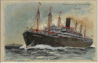 Hamburg - Amerika Line President Lincoln Passenger Ship Postcard Artist Signed