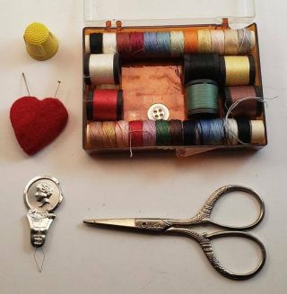 Vintage Sewing Kit Heart Shaped Pin Cushion Scissors Thimble 29 Threads In Case