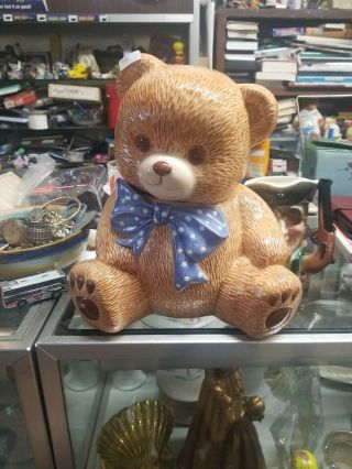 Teddy Bear Cookie Jar With Large Blue Polka Dot Ribbon,