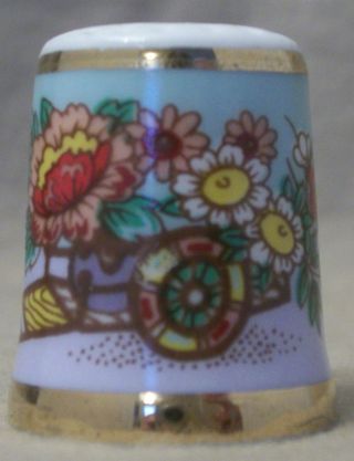 Tcc Flower Cart Thimble With Gold Trim On Top And Bottom By Lin Porcelain