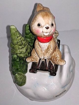 Vintage Otagiri Music Box Sitting On Top World Bunny Rabbit Sleigh Sled Riding
