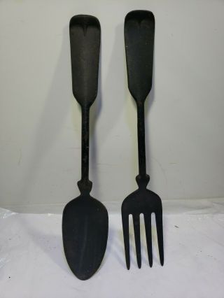 Vtg Big Black Cast Iron Fork & Spoon Wall Decor Kitchen Art 21 " Long Quikfreship
