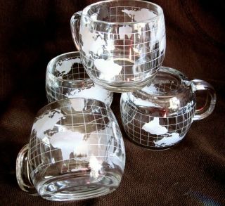 Nestle Nescafe Glass World Globe Coffee / Tea Cups Mugs 8 Oz.  Set 4 Vintage 1970