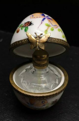 Peint Main Limoges Porcelain Egg Shaped Trinket Box With Perfume Bottle Floral