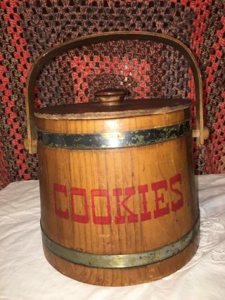 Vintage Putney Basketville Vermont Wooden Bucket Cookie Jar W/lid & Handle Usa