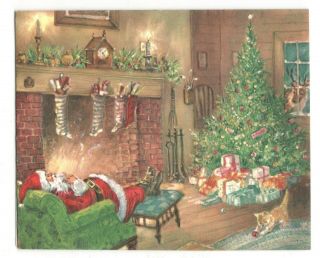 Vintage Sunshine Christmas Greeting Card Santa Sleeping In Cozy Room 50 