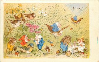 German Fantasy Art Postcard F.  Baumgarten Gnomes Party W/ Forest Animals Beetles