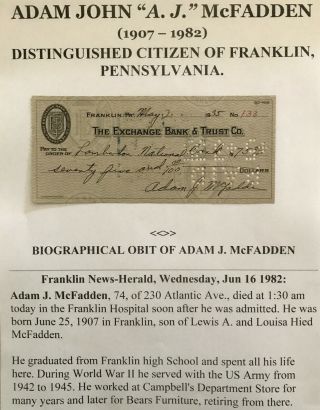 Distinguished Citizen Franklin Pa Exchange Bank Trust 1935 Document Signed Check