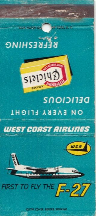 West Coast Airlines F - 27 Airplane Matchbook Cover Late 1950 