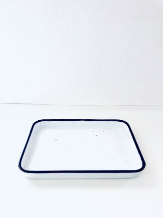 Vintage White Blue Trim Enamelware Metal Tray 10 - 1/2 " X 7 - 1/2”