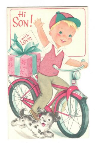 Vintage Buzza Christmas Greeting Card Boy Bicycle Dog 1960 