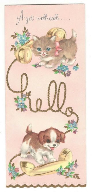 Vintage Greeting Card Cat Kitten Talking On Phone To Puppy Dog 1950 