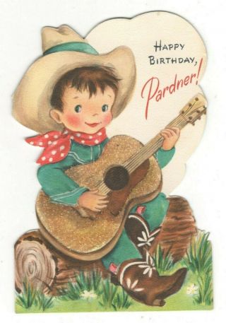Vintage Hallmark Birthday Greeting Card Boy Cowboy Gold Glitter Guitar 50 