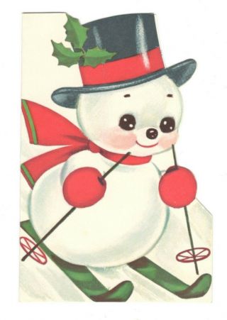 Vintage Norcross Christmas Greeting Card Cute Skiing Snowman Ski Gc6