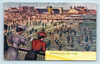Pre 1908 Greeting From Coney Island,  Ny - Victorian Beach Bathing Postcard