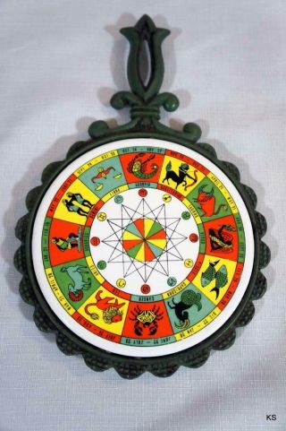 Vintage Zodiac Green Cast Iron And Ceramic Tile Trivet By Price Of Japan 70 