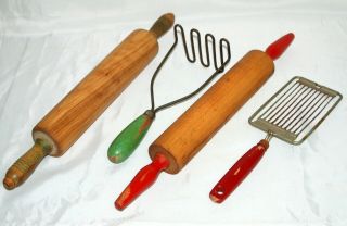 Vintage Rolling Pins Kitchen Tools Red Green Handles Potato Masher Slicer Retro