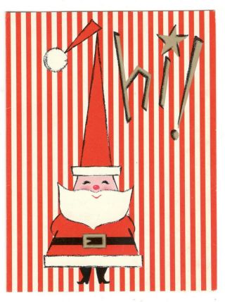 Vintage Christmas Greeting Card Santa Claus Red Stripes 1950 