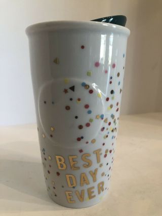 Starbucks Best Day Ever 2015 Confetti Travel Ceramic Mug & Lid White W/green Lid